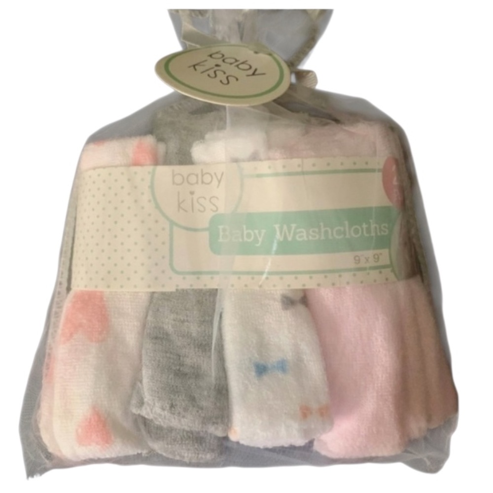 🛑 SOLD !! BABY KISS GIRLS Washcloths 24 Pk Hearts & Bows Pink White Gray — NWT